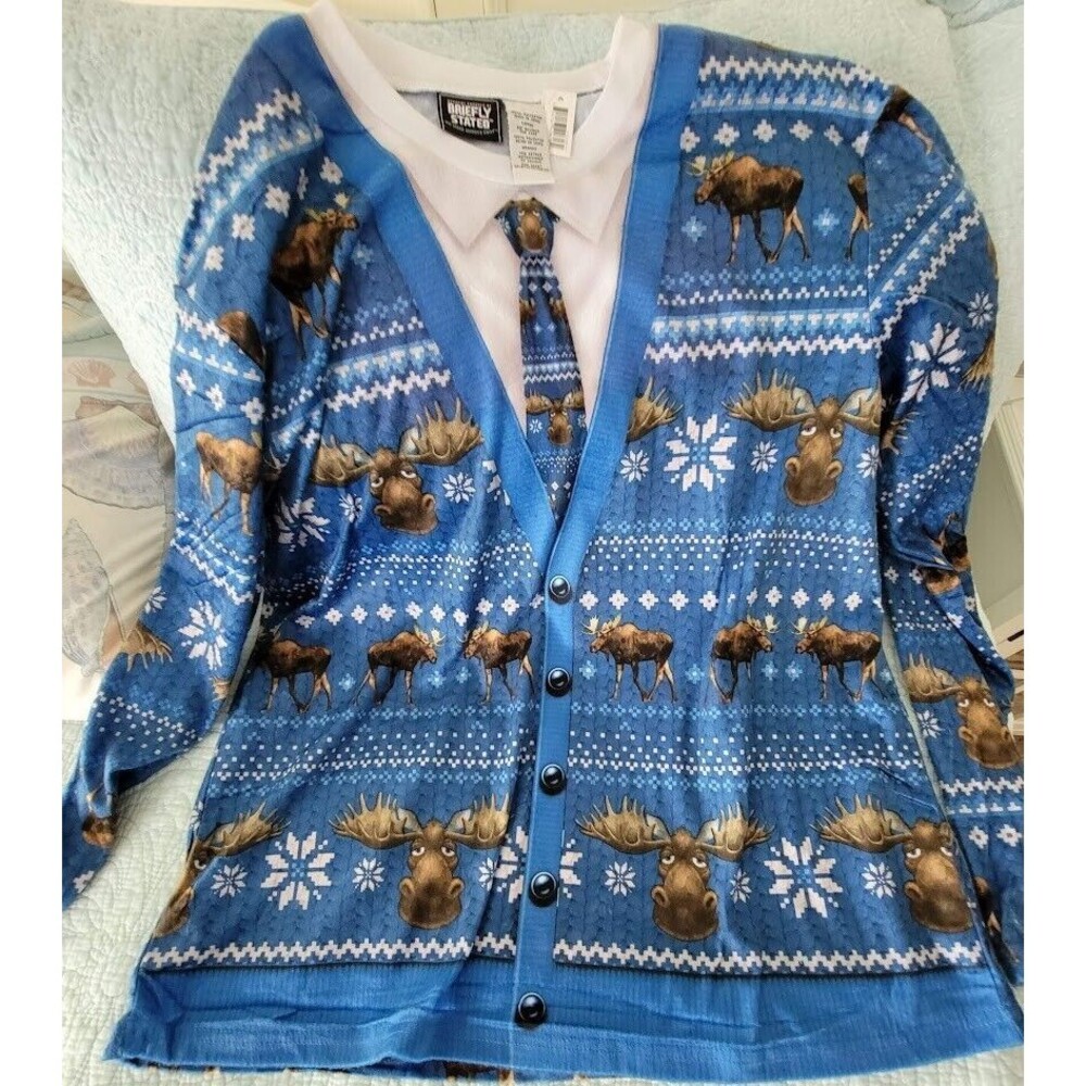 Men's Briefly Stated Moose Christmas Pajama Top L Blue NWT